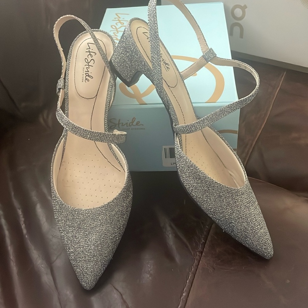 Brand new life stride dress shoes in shimmery pewter color .